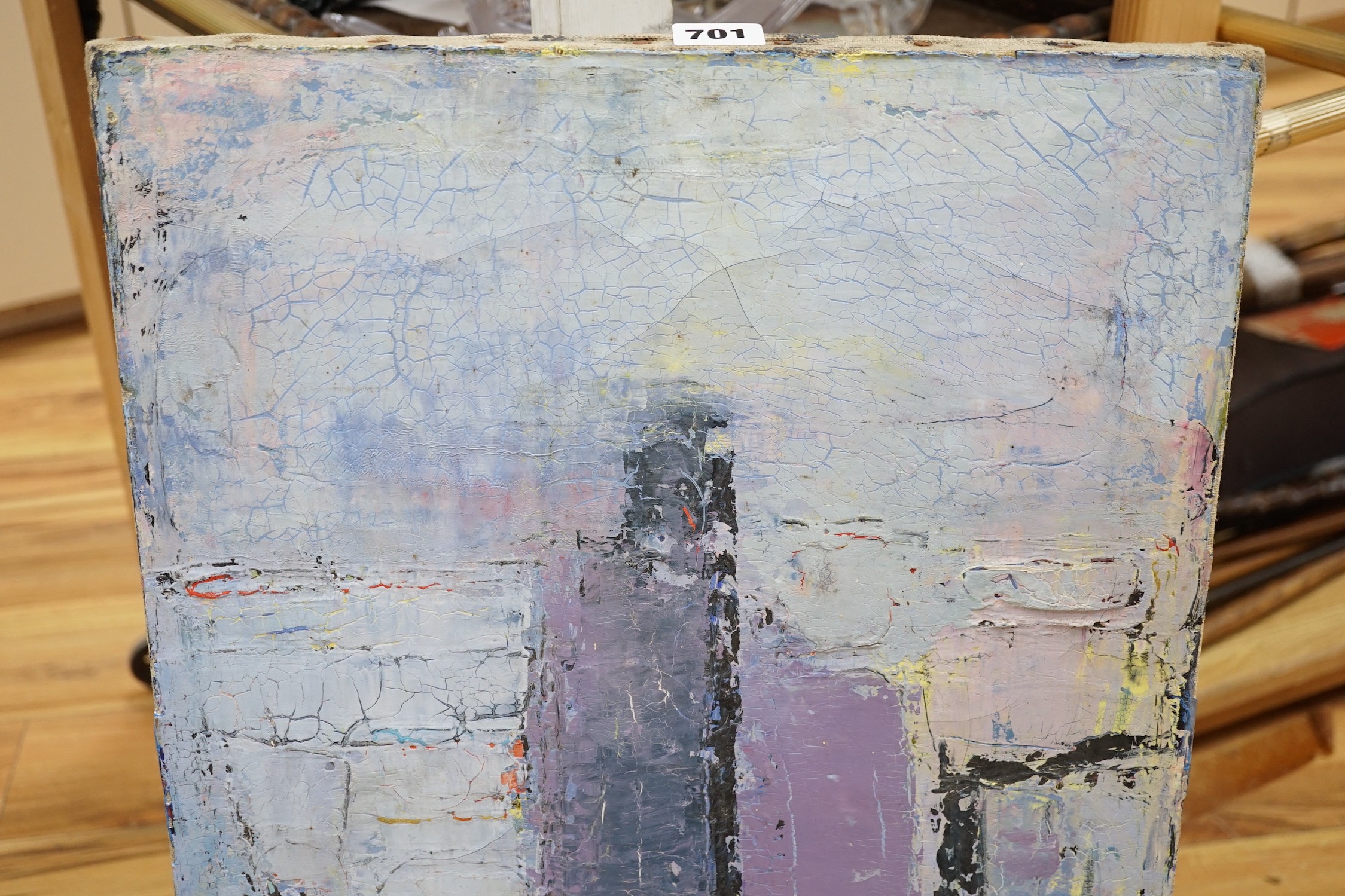 Modern British, oil on canvas, Abstract, signed Locquen and dated 1976, 80 x 40cm, unframed